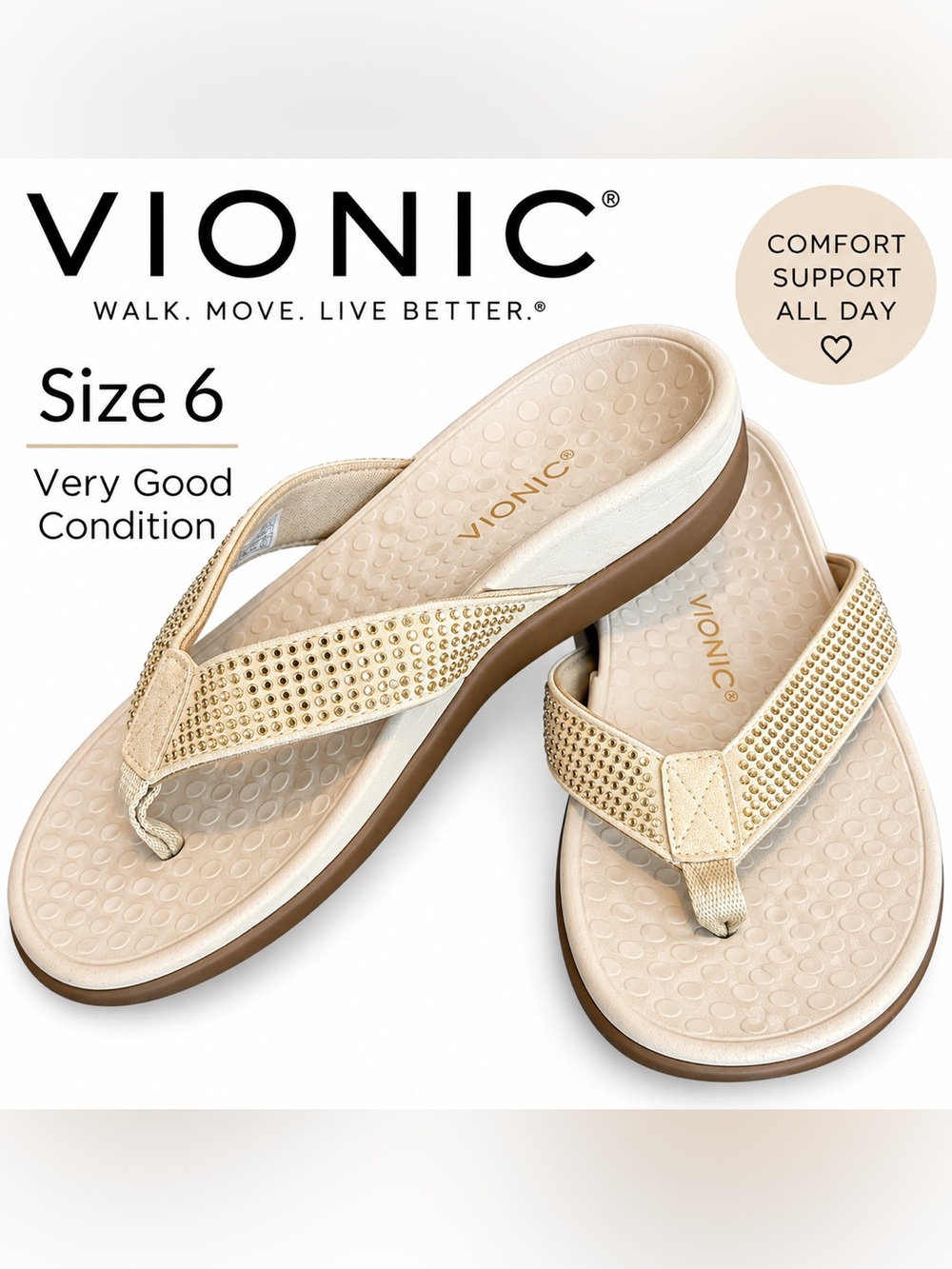 Vionic Women's Gold Metallic Rhinestone Thong Sandals
